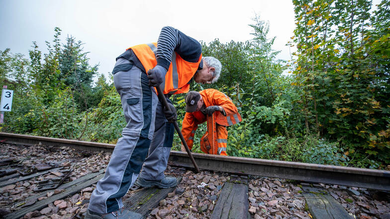 Kai Baumgarten (rechts) und Jochen Franke arbeiten mit einfachen Geräten, um die Schienen anzuheben.