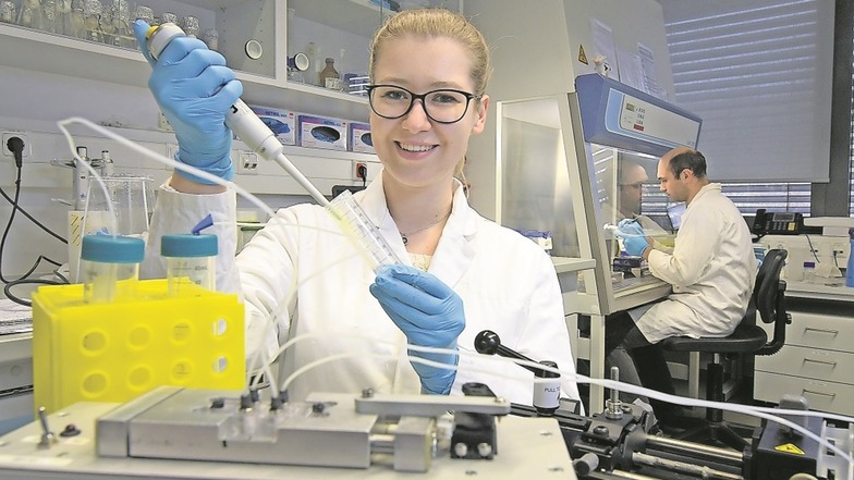 Anastasiya Svirepa, Masterstudentin der Bioinformatik und Molekularbiologie, arbeitet im Kurt-Schwabe-Institut für Mess- und Sensortechnik in Meinsberg an einem Ganzzellensensor zum Feststellen von Arzneimittelrückständen in Abwässern.