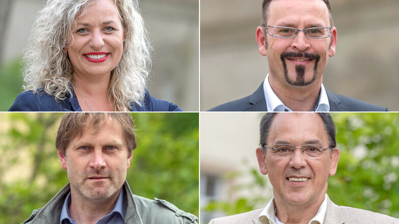 Nicole Büttner, Jens Tamke, Ruben Grimme und Hubert Paßehr (von links oben) treten am 3. Juli im zweiten Wahlgang an. An diesem Abend wird feststehen, wer neuer Bürgermeister in Roßwein wird.