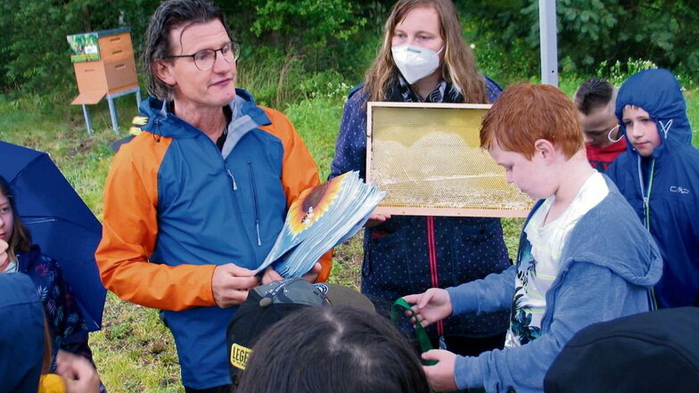 Imker Jens Ebert, der das Bienenprojekt der Stadtwerke betreut, hatte viele Fragen der Kinder zu beantworten. Einige wussten sogar schon recht gut Bescheid.