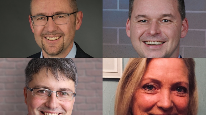 Tom Stöcker, Daniel Schädlich, Anke Walter und Cornelius Stempel (von links oben im Uhrzeigersinn) kandidieren für das Amt des Bürgermeisters in Oderwitz.