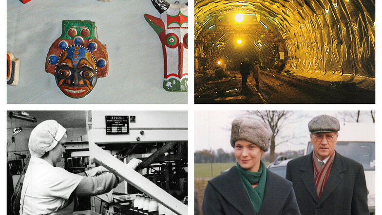 Von links oben: Masken von Günter Hain, Durchstrich des Autobahntunnels, Arbeit in der Görlitzer Molkerei und Jeanette Hain und Robert Atzorn bei Dreharbeiten in Deschka und Zodel