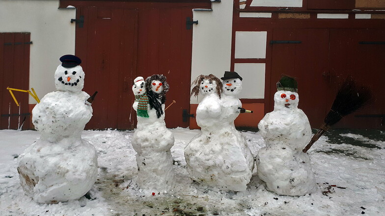 Eine Familie aus der Region Roßwein hat bereits nach dem ersten Schneefall eine ganze Schneemannfamilie gebaut.