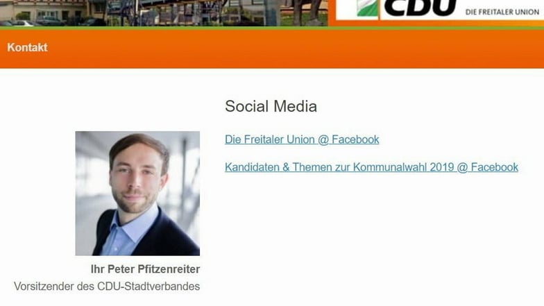 Nanu? Die Internetseite der CDU Freital zeigt immer noch Peter Pfitzenreiter als Vorsitzenden. Der ist aber seit 22. Juni 2020 kein Mitglied mehr. Screenshot vom 1.2.2021