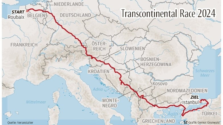 Start in Frankreich, Ziel in der Türkei: Robin Reinsch benötigte für die 4.192 Kilometer zwölf Tage und 17 Stunden - inklusive kurzer Schlafstopps.