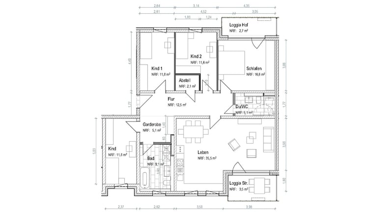 So sieht der Grundriss der größten, 127 Quadratmeter großen Wohnung aus.