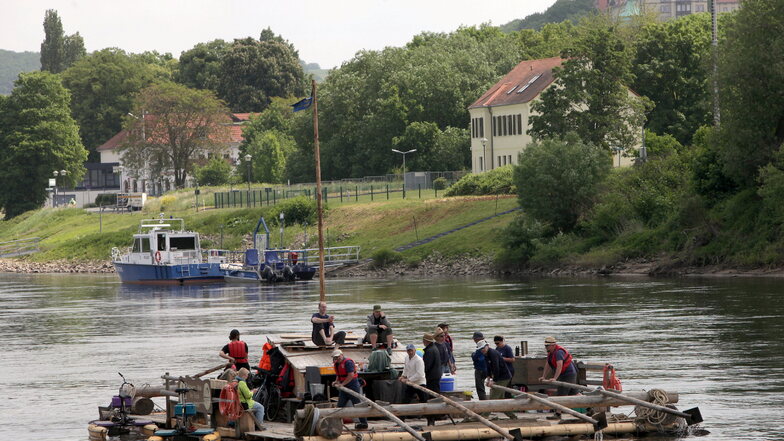 Völlig entschleunigt auf der Elbe: Eine Flößermannschaft passierte am Donnerstag Pirna.