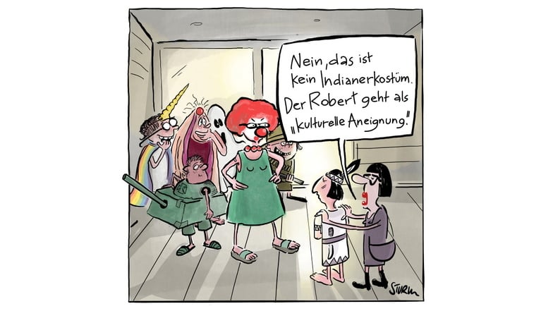 "Kulturelle Aneignung" heißt diese Karikatur von Philipp Sturm im Heimatmuseum Radeburg. Mit ihr gewann der Leipziger den Heinrich-Zille-Preis 2024.