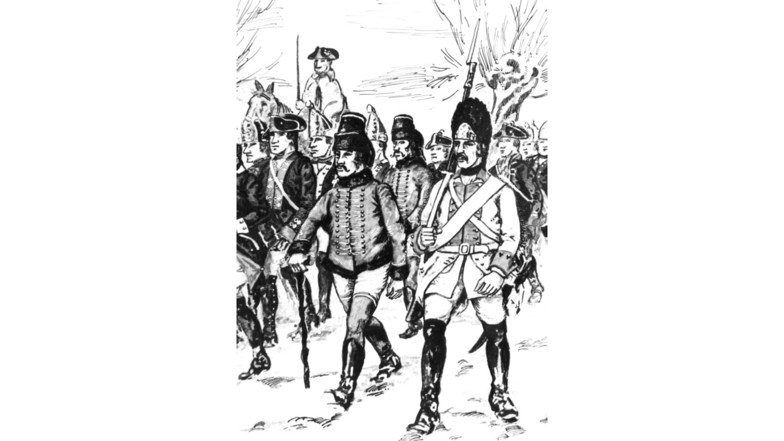 Maxen, 21. November 1759. Gefangene preußische Infanteristen und Husaren werden nach Dresden gebracht (nach einer historischen Darstellung).