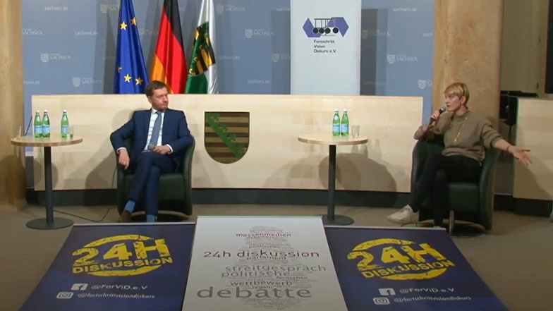 Ministerpräsident Michael Kretschmer und Sophie Koch (Landesvorsitzende der JuSos Sachsen) im Gespräch über die Probleme der Jugend in Zeiten der Pandemie