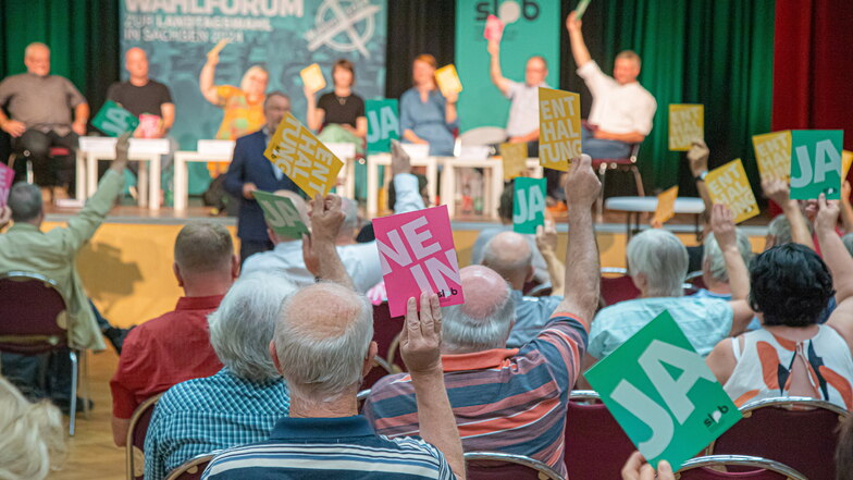 Schnelle Abstimmungen mit Stimmkarten wie hier im Bürgerhaus Niesky gehören zum Ablauf der Wahlpodien, die die Sächsische Landeszentrale für politische Bildung im Vorfeld der Landtagswahl in jedem der 60 Wahlkreise in Sachsen organisiert und durchführt.