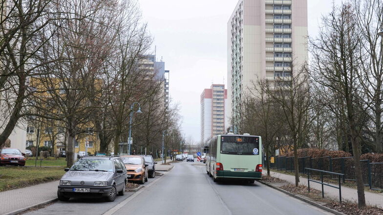 Varkausring Pirna in Höhe der Grundschule: Bis Ende Mai wird hier gebaut, Fußgänger und Kraftfahrer müssen Engpässe in Kauf nehmen.