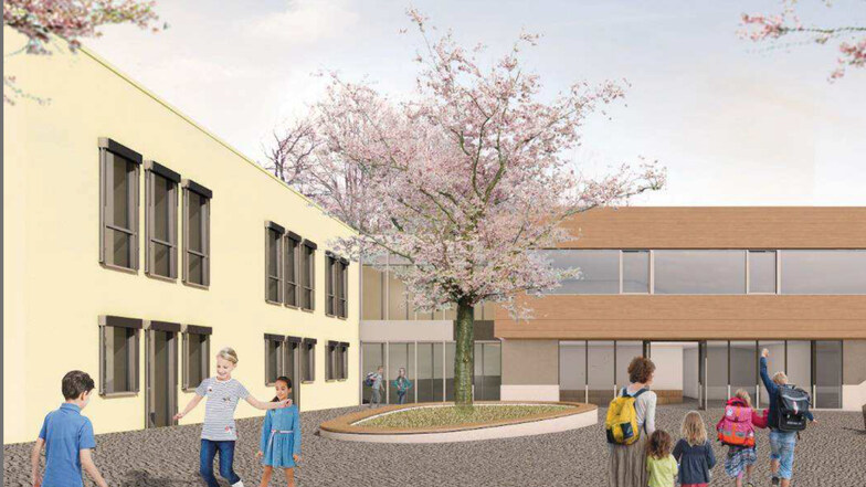 Eins von mehreren Großprojekten der Stadt Radeberg ist der Schulcampus in Liegau-Augustusbad. Nach einem Vorschlag der Planer wird der Neubau (re.) an das bestehende Gebäude der Förderschule angefügt.