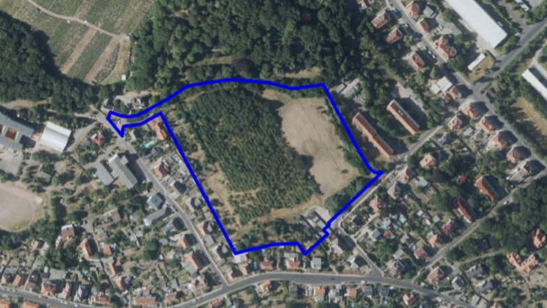 Zwischen dem Friedhof der apostolischen Gemeinde und Wohngrundstücken an Kreyerner und Max-Kamprath-Straße soll ein ökologisches Quartier entstehen. Die blaue Linie umfasst das Plangebiet.