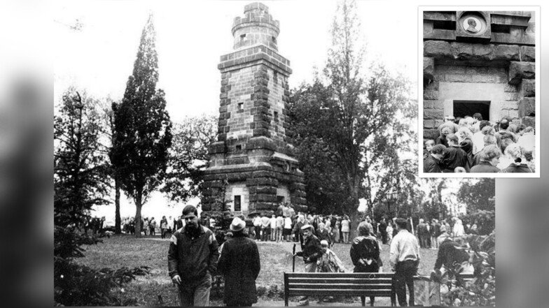 Die Wiedereröffnung des Bismarck-Turms in Neugersdorf vor 30 Jahren und das neue Medaillon.