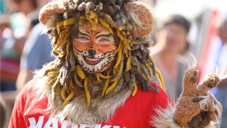 Mandy Merker von der Aktion Zivilcourage, dort verantwortlich als Referentin für Projekte zur Jugendbeteiligung im ländlichen Raum, war in das Kostüm des Löwen Madeku, das Maskottchen des Marktes, geschlüpft .