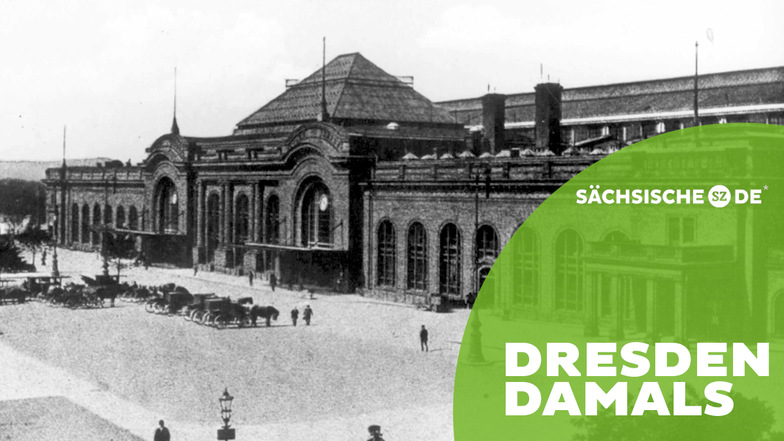 Pferde-Droschken warten auf Kundschaft: Der Bahnhof Dresden-Neustadt im Jahr 1901.