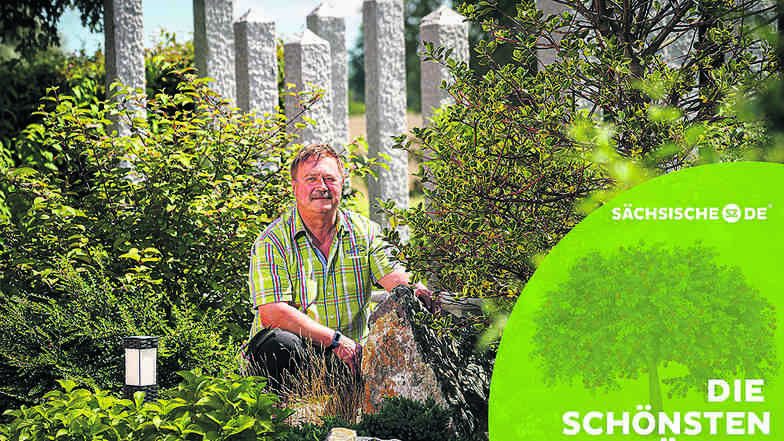 Die Säulen sollen an einen Wasserfall erinnern, erklärt Detlef Ducke. In Oberuhna hat er mit einem befreundeten Gartenarchitekten einen Asia-Garten gestaltet.