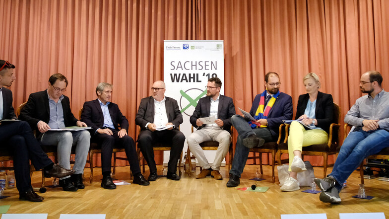 V.l.:Tilo Hellmann (Die Linke), Thomas Kirste (AfD), Frank Richter (parteiloser SPD-Kandidat), Ulf Mallek, (Moderator), Peter Anderson (Moderator), Martin Bahrmann (FDP), Daniela Kuge (CDU) und Martin Wengenmayr (Bündnis 90/Die Grünen).