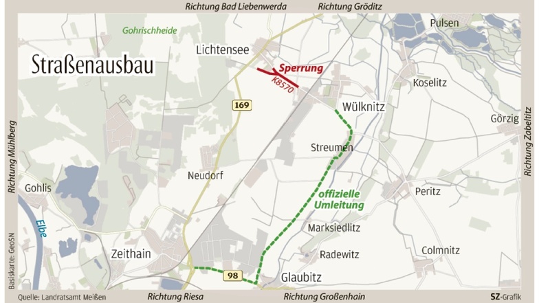 Wer von Wülknitz zur B169 will, muss ab Montag diese Umleitung (lila) über Streumen und Glaubitz fahren.