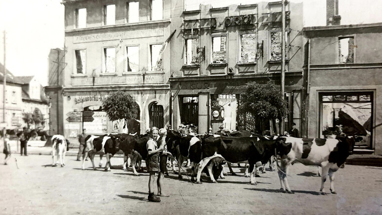 An der Markt-Ostseite standen vor der Zerstörung unter anderem das Hotel „Zum goldenen Anker“, Kliches Brauerei und die Adler-Drogerie.