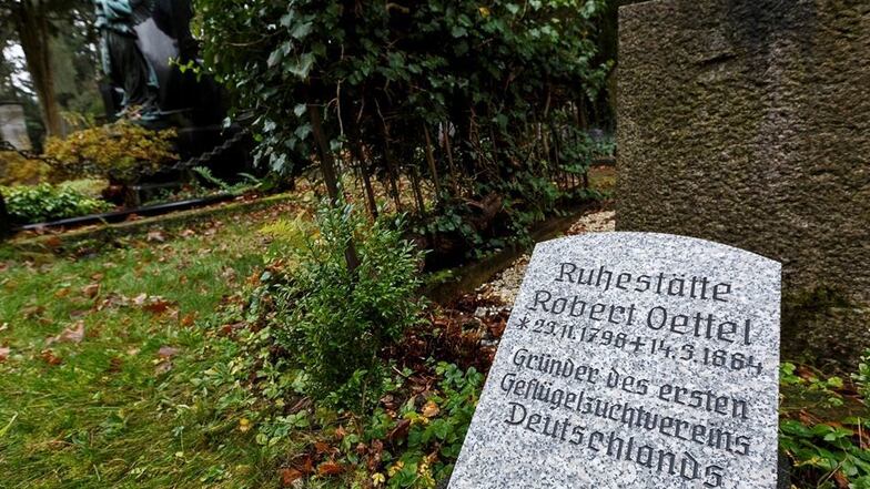 Die letzte Ruhestätte von Robert Oettel. Ein Gedenkstein erinnert seit 2013 daran, nachdem es wieder entdeckt worden war.