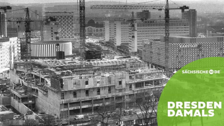 Die Kaufhaus-Kette Hertie begann 1993 mit dem Bau eines neuen Warenhauses an der Prager Straße - das heutige Karstadt Dresden. Das Bild zeigt den Rohbau im März 1994.