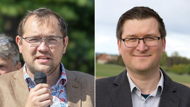 Bürgermeister Falk Hentschel (l./CDU) und Gemeinderat Erik Baumann (FW) stehen am 1. September in Ebersbach auf dem Wahlzettel bei der Bürgermeisterwahl.