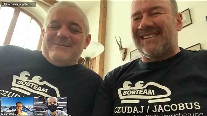 Als Bobteam Czudaj/Jacobus sind Harald Czudaj (links) und Rainer Jacobus vergangene Woche bei den Deutschen Meisterschaften an den Start gegangen. Anschließend sprechen sie über einen Videoanruf mit Sächsische.de im Podcast "Dreierbob".
