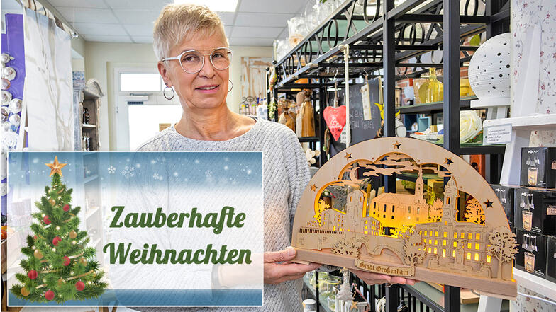Petra Wittwer im Großenhainer Geschäft "Das Glashaus" präsentiert den Schwibbogen der Stadt.