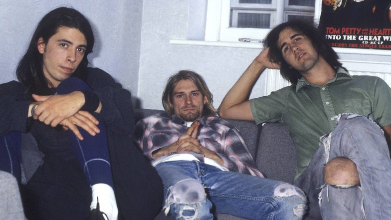 Nirvana 1991. Dave Grohl, Kurt Cobain und Krist Novoselic. Grohl gründete später die Band Foo Fighters.