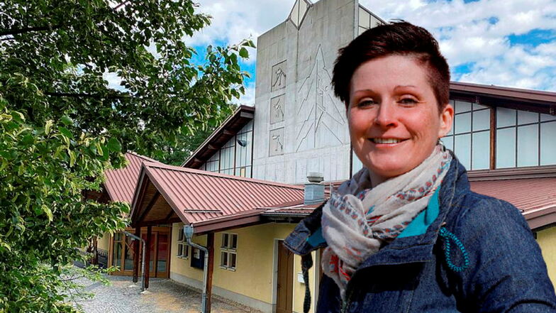 Jonsdorfs Bürgermeisterin Kati Wenzel vor der Eishalle. Wie geht es weiter mit der Halle - das Betreiben des Kindertobelandes ist kein Problem, aber gibt es im Oktober auch wieder eine Eissaison in der Sparkassenarena?