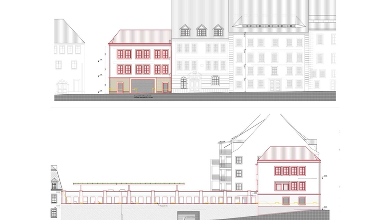 Das obere Bild zeigt die Rosenstraße mit dem geplanten Neubau (rot). Unten ist die Ansicht der Jüdenstraße mit dem Parkhaus zu sehen.
