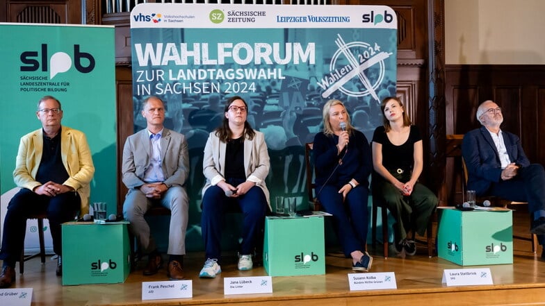 Auf dem Podium beim Wahlforum in Bischofswerda (v.l.): Bernd Grüber (CDU), Frank Peschel (AfD), Jana Lübeck (Linke), Susann Kolbe (B 90/Grüne), Laura Stellbrink (SPD) und Matthias Eckstädt (FDP)