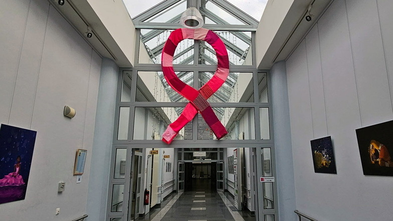Diese zweieinhalb Meter große rosafarbene Schleife hängt in der Magistrale des Görlitzer Klinikums.