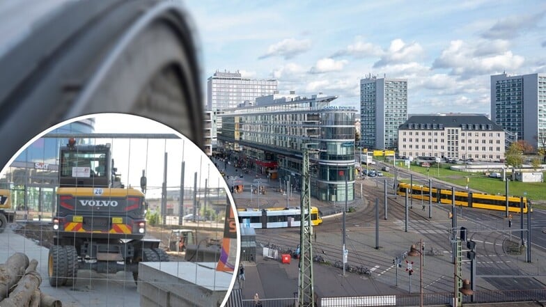 Baustelle auf der Prager Straße in Dresden: Bagger graben an Dresdens wichtigster Einkaufsstraße ein großes Loch.