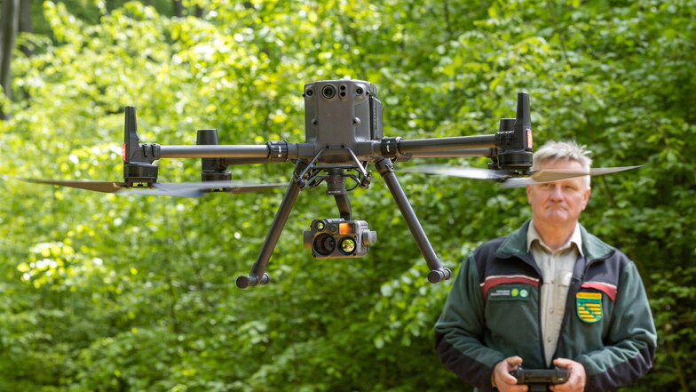 Nationalpark Sächsische Schweiz: Eine Drohne mit Wärmebildkamera soll Feuer frühzeitig entdecken, gesteuert von Nationalparkwächter Jens Posthoff.