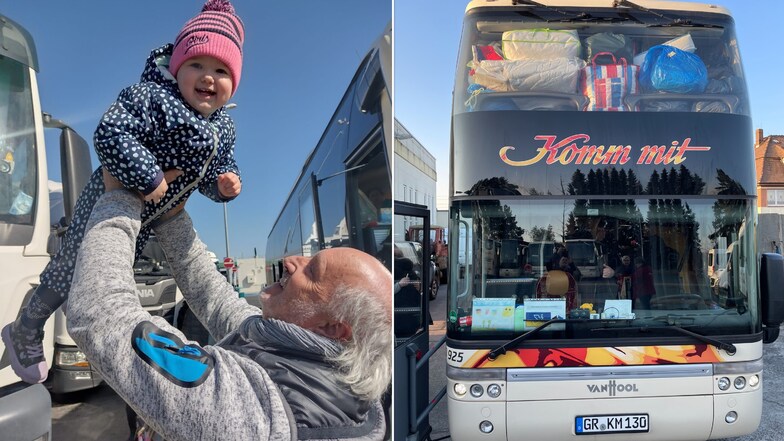 Da freuen sich Busfahrer und Kind - 97 Frauen und Kinder holten die Reisebusse aus Eibau bei der zweiten Tour nach Deutschland. Hin ging's vollgepackt mit Hilfsgütern (rechts).