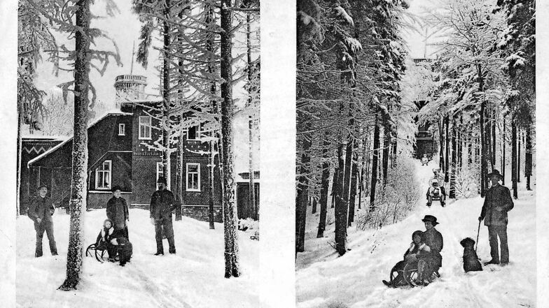 Auch im Winter waren Aussichtsturm und Baude auf dem 583 Meter hohen Kottmar beliebtes Ausflugsziel, wie diese um 1900 erschienene Postkarte zeigt.