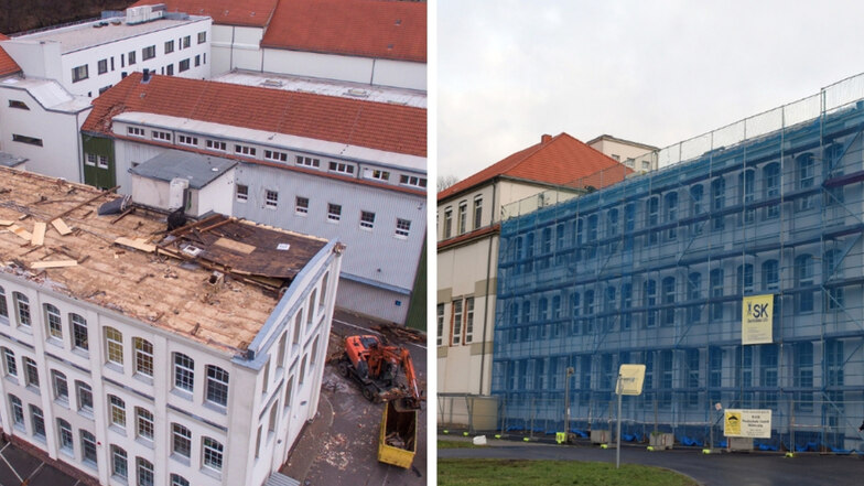 Vorher-Nachher-Vergleich: Das Flachdach bei DMI in Leisnig, war weg und wird jetzt repariert. Fotos: Dietmar Thomas
