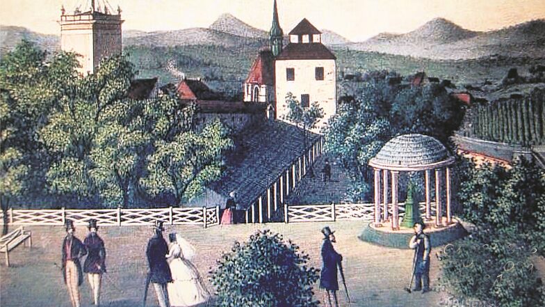 Die Zeichnung erinnert an das alte Augustusbad im Zwinger mit dem Park sowie den Türmen von Weberkirche, Webertor und „Speyviel“. Daneben gab es im 19. Jahrhundert an der Mandaupforte noch die „Dampfbad-Anstalt russischer Art“, geschaffen von den Zittauer
