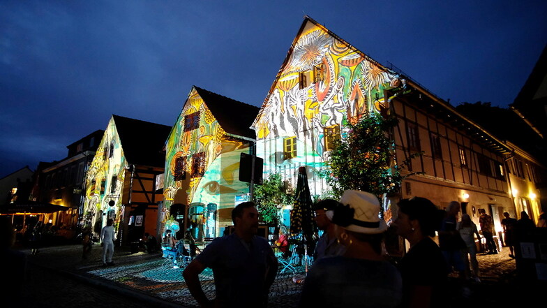 Lichtkünstlerin Claudia Reh setzte bereits im vorigen Jahr mit ihren Illuminationen die Häuser am Dorfanger Altkötzschenbroda besonders in Szene. Für Samstagabend hat sie neue Lichtbilder kreiert.