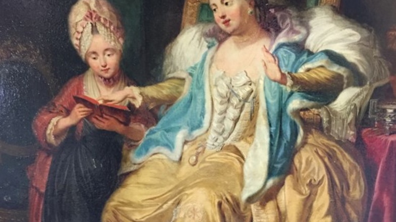 3.	Mutter mit Mädchen und Buch im eleganten Interieur, 1768, Öl auf Kupfer.