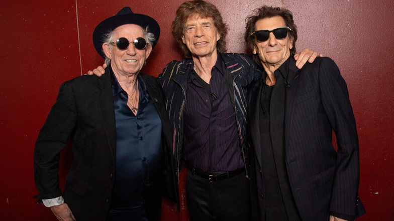Da waren’s nur noch drei: Die verbliebenen Rolling Stones Keith Richards, Mick Jagger und Ron Wood stellten in London ihr neues
Album „Hackney Diamonds“ vor.