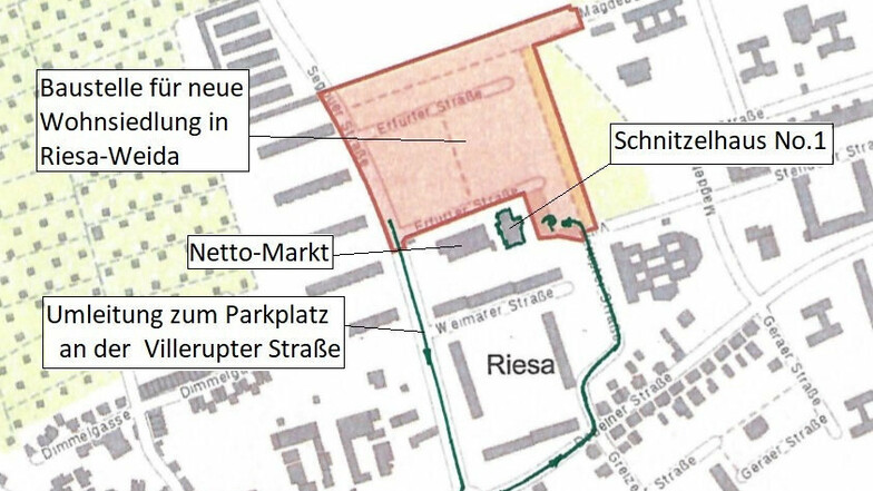 Die grün gekennzeichnete Umleitung müssen die Gäste fahren, um mit dem Auto über den Weidaer Kreisverkehr, die Döbelner Straße und die Villerupter Straße zum Schnitzelhaus No.1 zu gelangen.