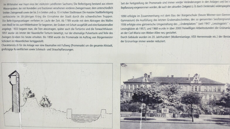 Informationen zu Stadtmauer, Zwingermauer und Wallanlage gibt es auf einer Infotafel vor der Berufsschule an der Beethovenallee.