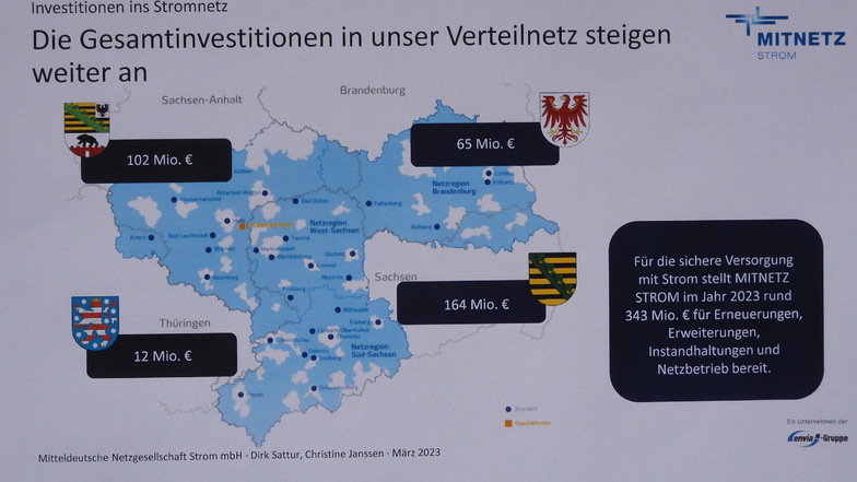 Das Netzgebiet der Envia-M-Tochterfirma Mitnetz, auf der Karte blau dargestellt: Allein in Sachsen investiert Mitnetz in diesem Jahr 164 Millionen Euro ins Stromnetz.
