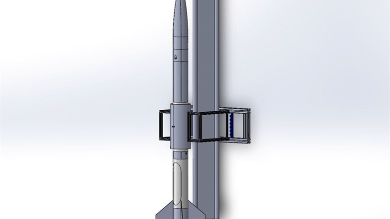 So soll die Vorrichtung mit wegschwenkbarem Arm aussehen, der die Rakete hält und freigibt.
