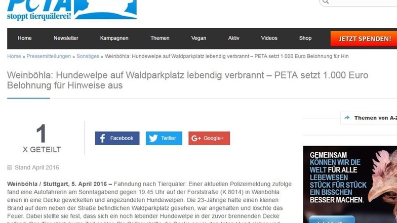 PETA, nach eigenen Angaben die weltweit größte Organisation für Tierrechte, hat eine Belohnung von 1000 Euro ausgesetzt für Hinweise, die zur Ergreifung des Täters führen.