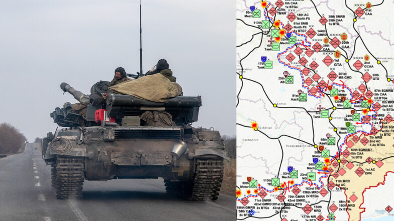 Ein russischer Panzer unterwegs auf einer Straße in der Ostukraine. Karte mit Militäroperationen im Donbass (Ausschnitt)